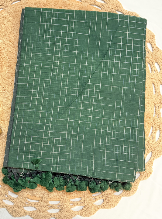 Forest Green Mul Cotton Saree with Subtle Grid Design