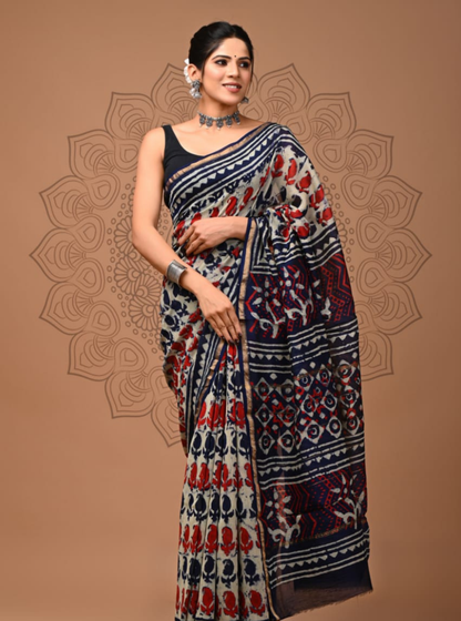Ivory & Navy Chanderi Silk Ajrakh Saree with Floral & Geometric Motifs