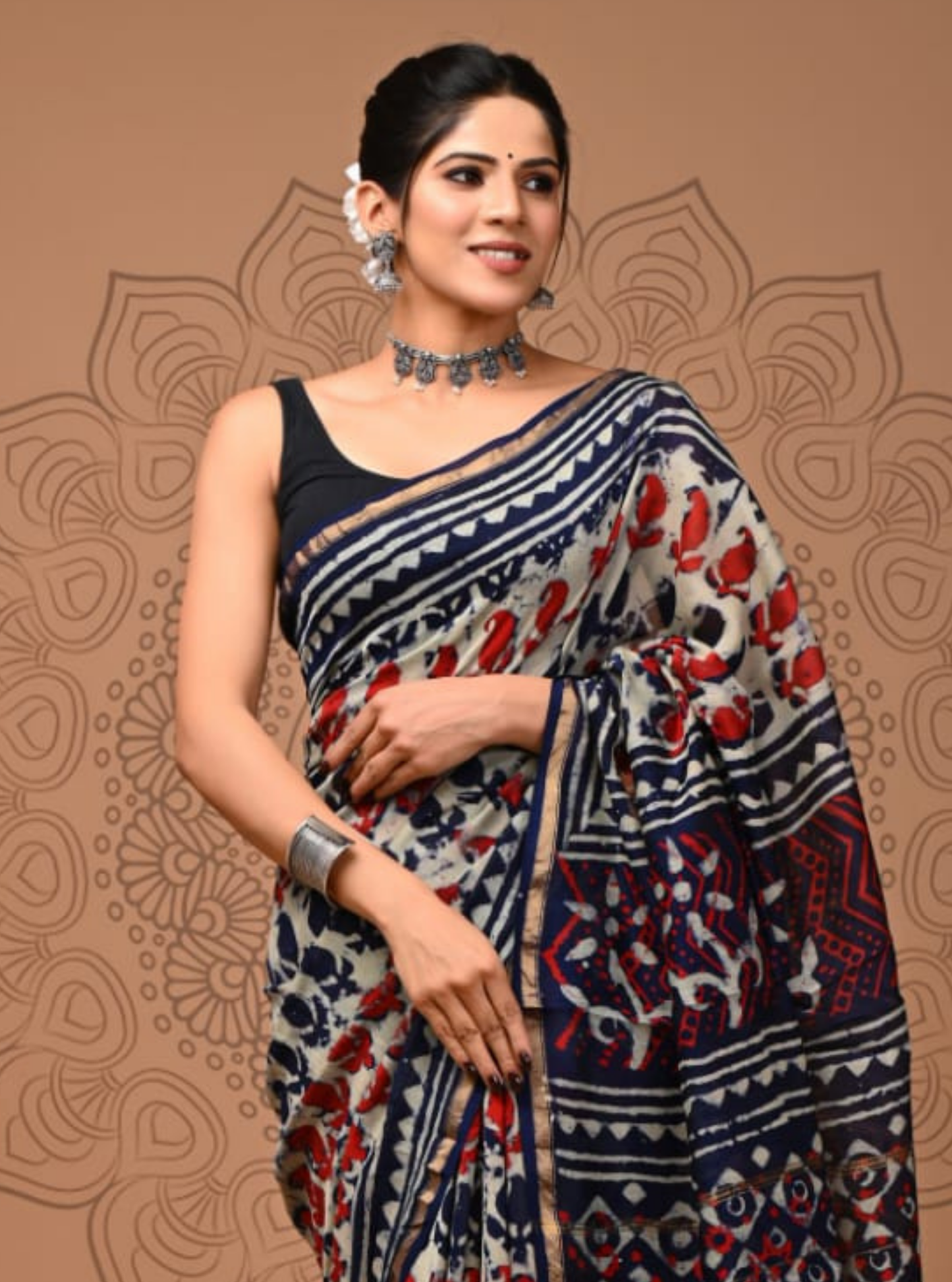 Ivory & Navy Chanderi Silk Ajrakh Saree with Floral & Geometric Motifs