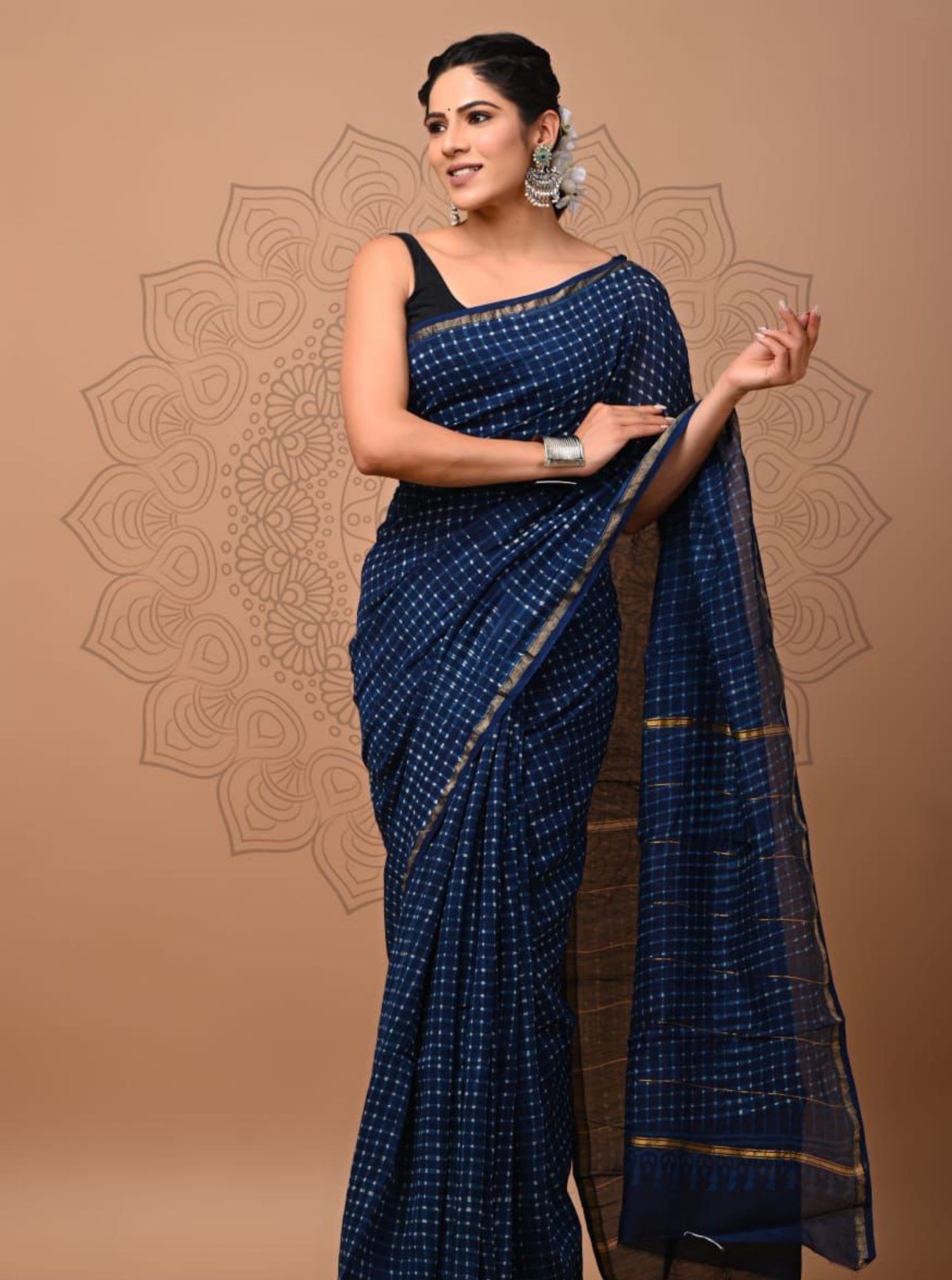 Midnight Blue Chanderi Silk Ajrakh Saree with Subtle Checks