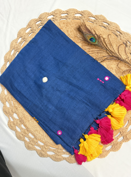Indigo Blue Mul Cotton Saree with Multicolor Tassels