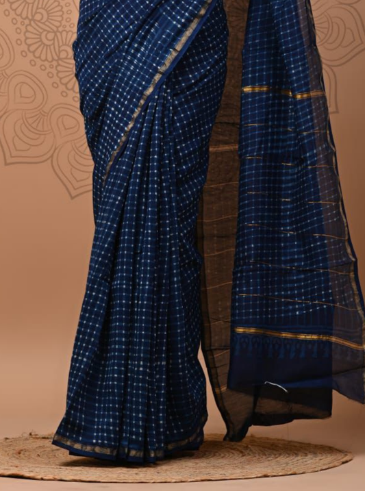Midnight Blue Chanderi Silk Ajrakh Saree with Subtle Checks