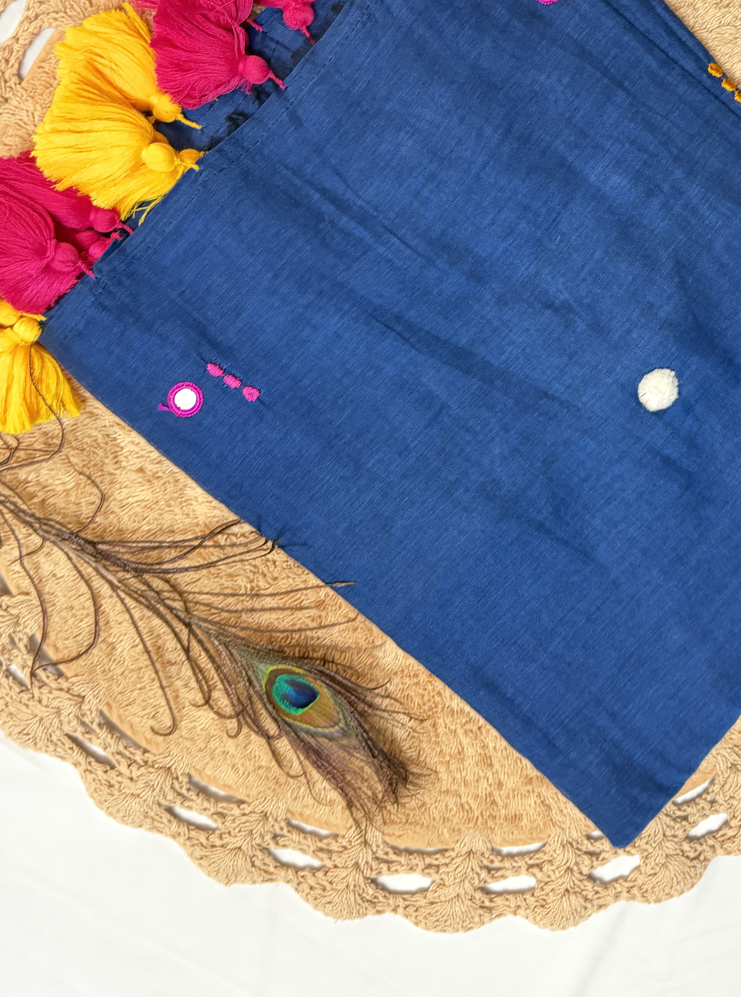 Indigo Blue Mul Cotton Saree with Multicolor Tassels