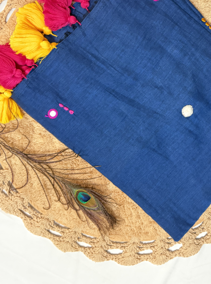 Indigo Blue Mul Cotton Saree with Multicolor Tassels