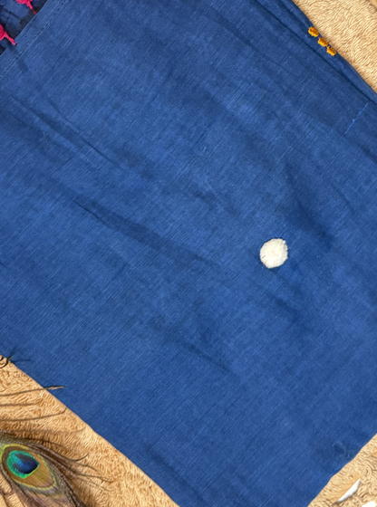 Indigo Blue Mul Cotton Saree with Multicolor Tassels