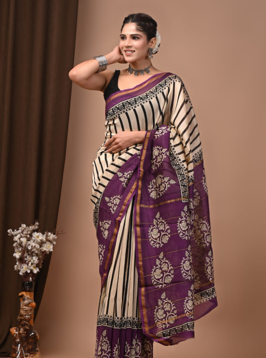 Ivory & Purple Chanderi Silk Ajrakh Saree with Striped Body