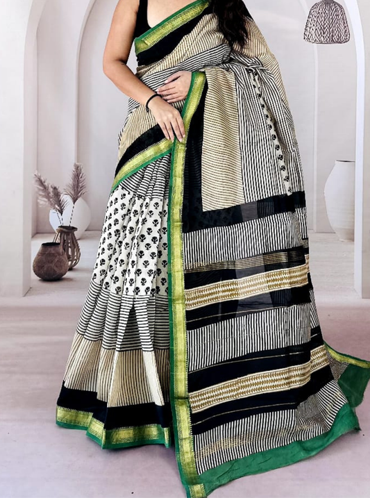 Black & Ivory Striped Maheshwari Silk Saree with Green Zari Border