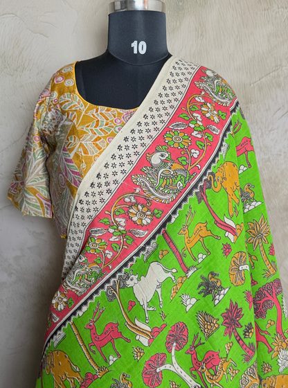 Parrot Green Cotton Kalamkari Saree with Forest & Animal Motifs