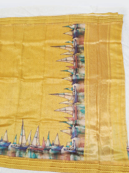 Mustard Yellow Chanderi Silk Saree with Handcrafted Boat Motif Border