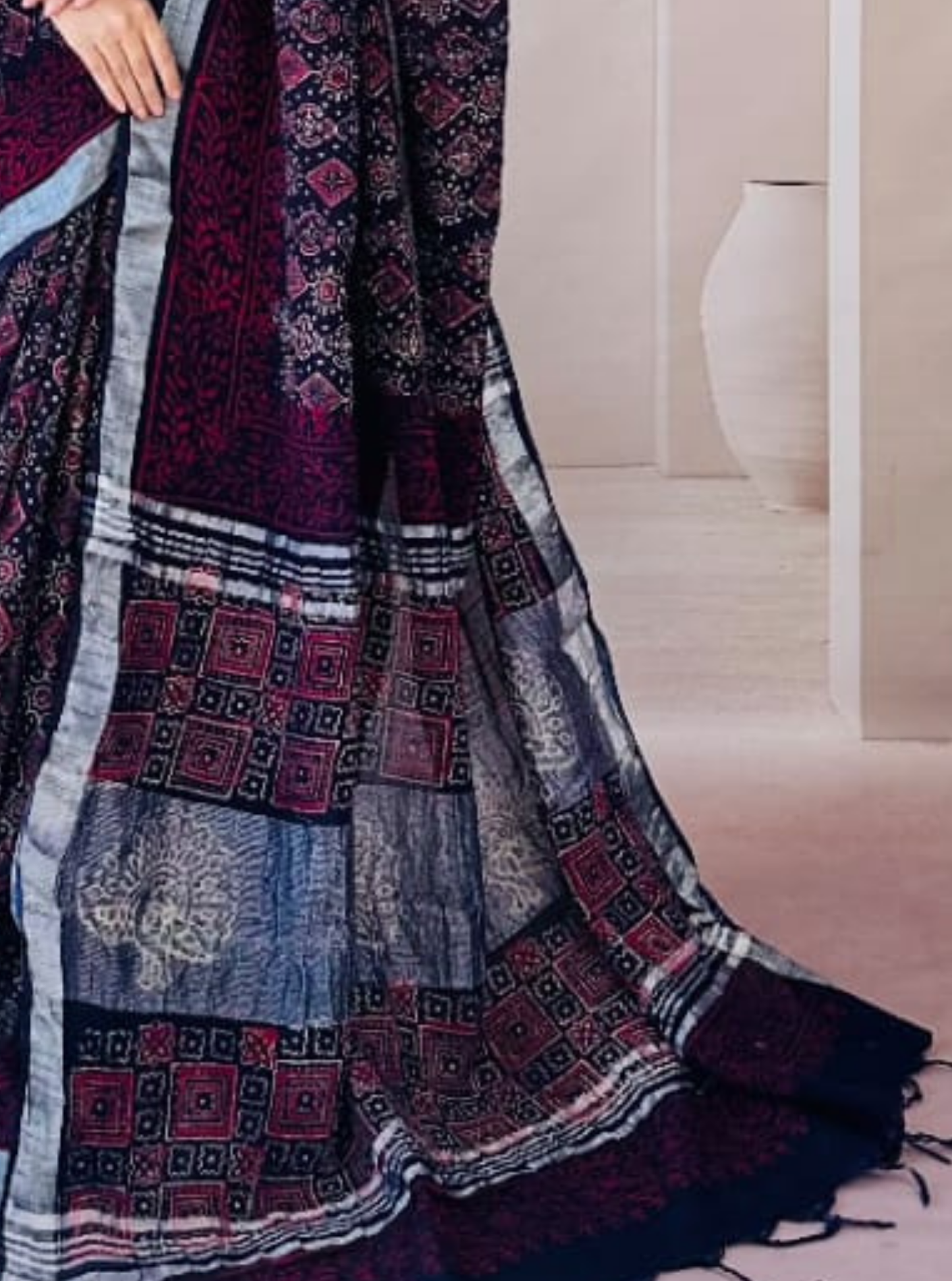 Black & Wine Cotton Linen Saree with Ethnic Geometric Prints