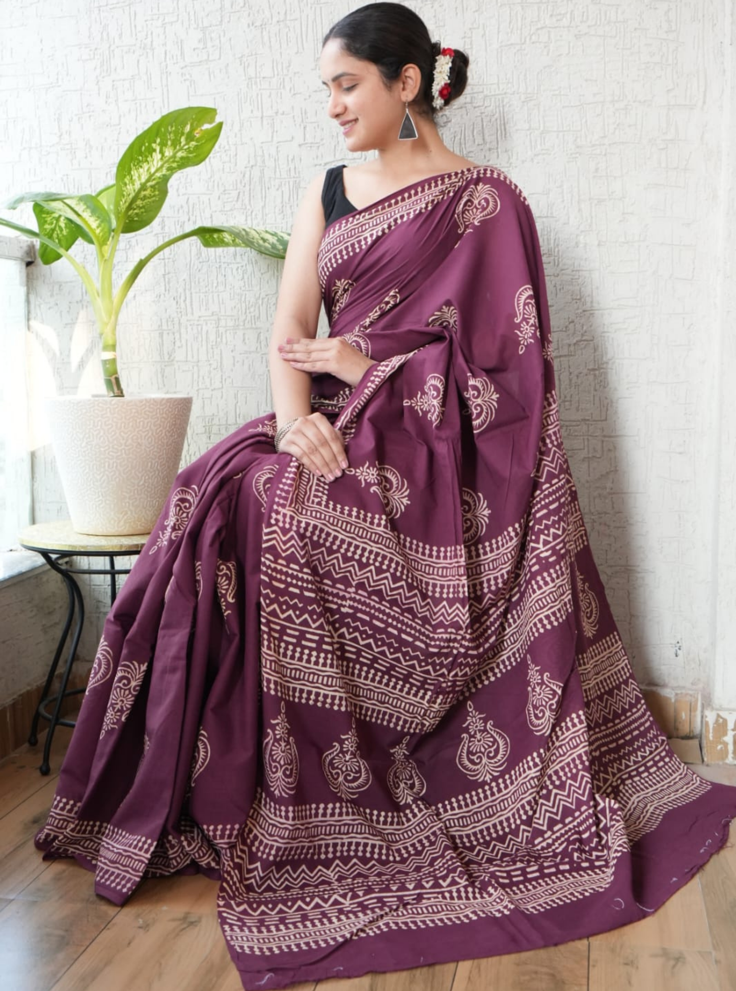 Elegant Wine Cotton Saree with Ethnic Paisley & Geometric Prints
