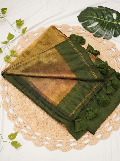 Olive Green Mul Cotton Saree with Rich Gold Pallu & Tassels
