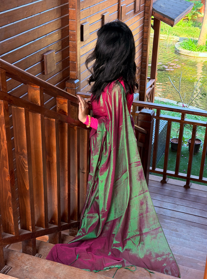 Rose Pink & Aqua Tissue Cotton Saree with Subtle Sheen