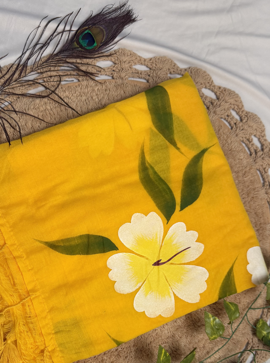 Sunshine Yellow Mul Cotton Saree with Hand-Painted Floral Design