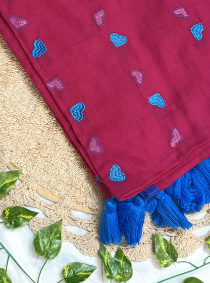 Ruby Pink Mul Cotton Saree with Blue Heart Motifs & Tassels
