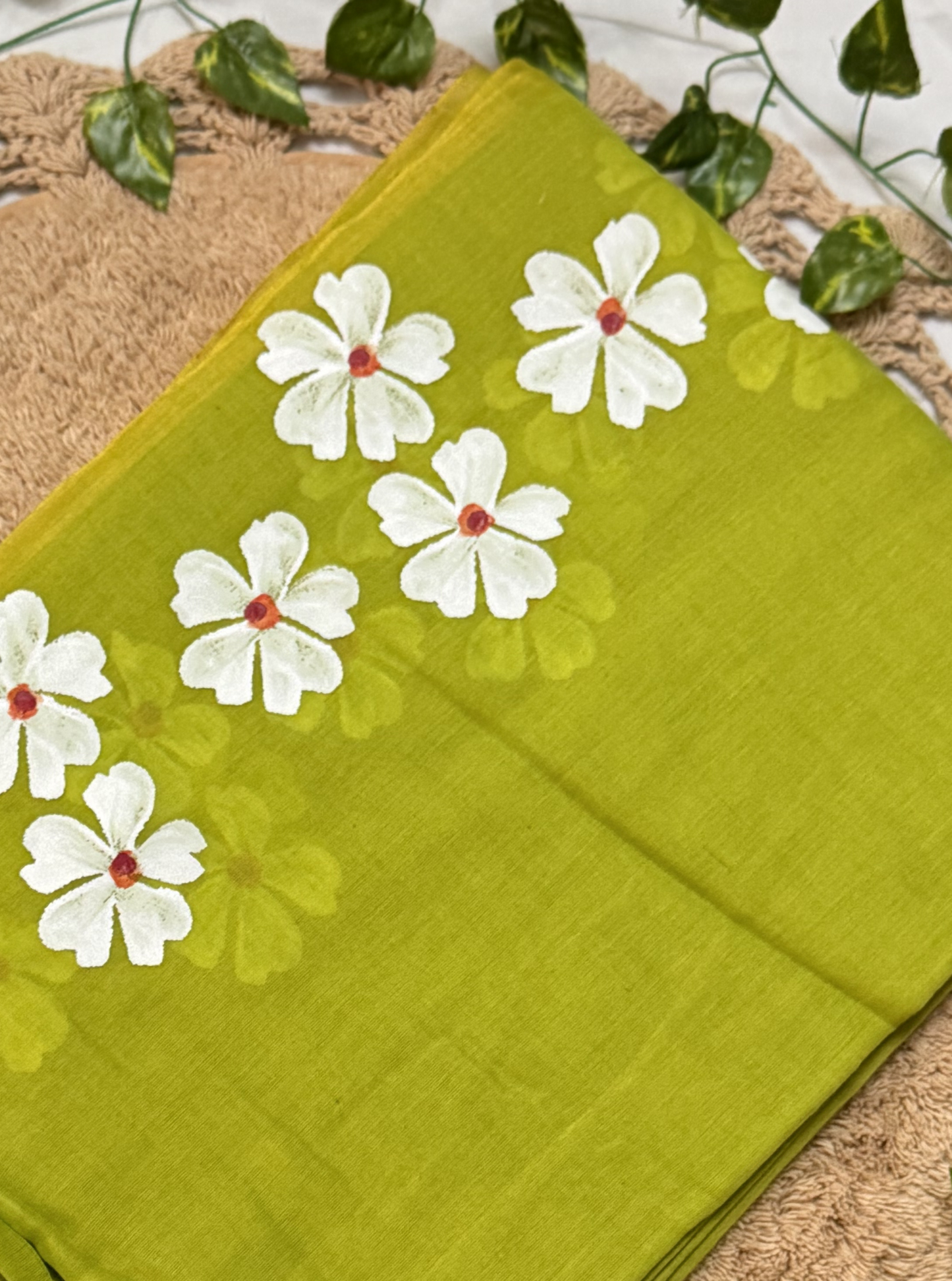Lime Green Mul Cotton Saree with White Floral Design