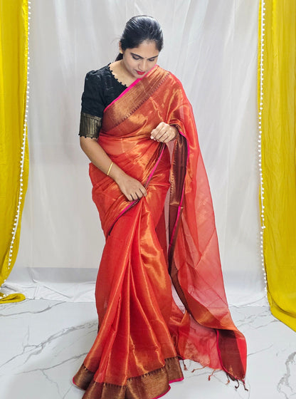 Burnt Orange Tissue Cotton Saree with Antique Gold Border & Pink Edge