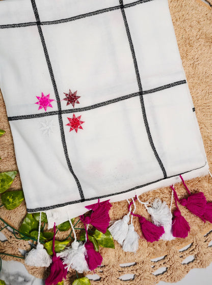 White Mul Cotton Saree with Black Checks & Embroidered Motifs