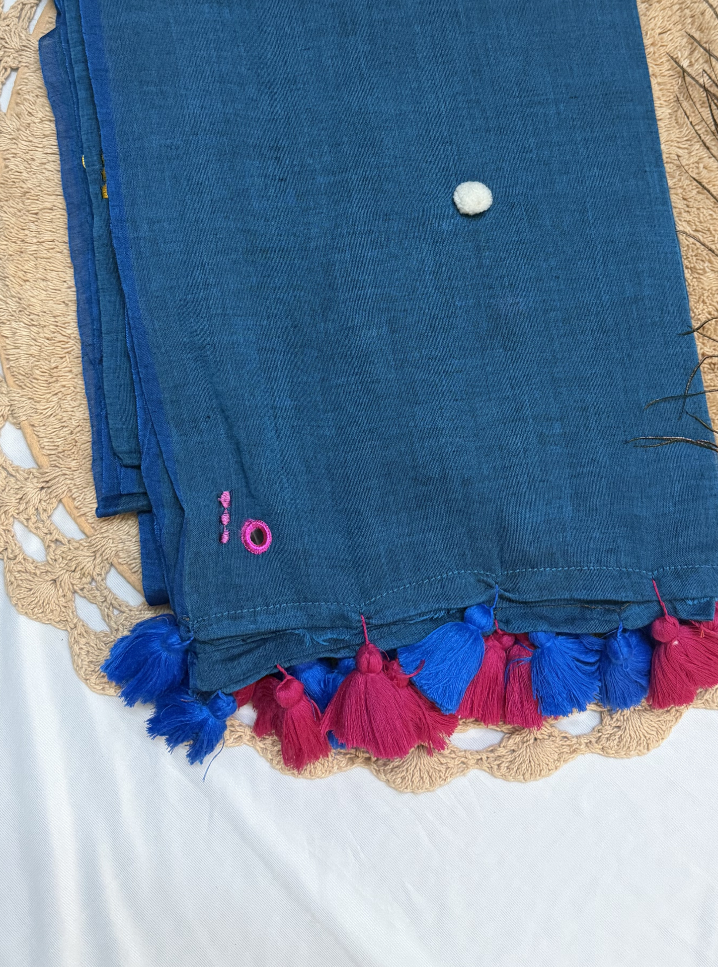 Indigo Blue Mul Cotton Saree with Multicolor Tassels & Minimal Motifs