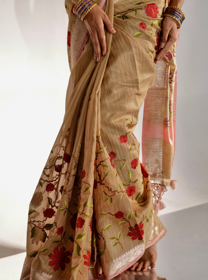 Beige Pink Matka Silk Tissue Saree with Floral Embroidery