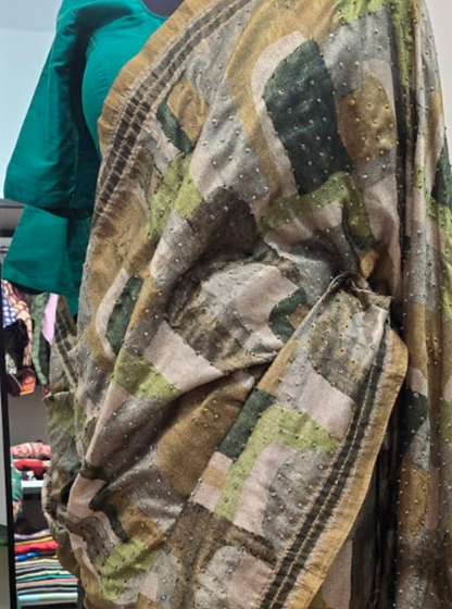 Multicolor Tussar Saree with Abstract Design & Sequin Hand Embroidery
