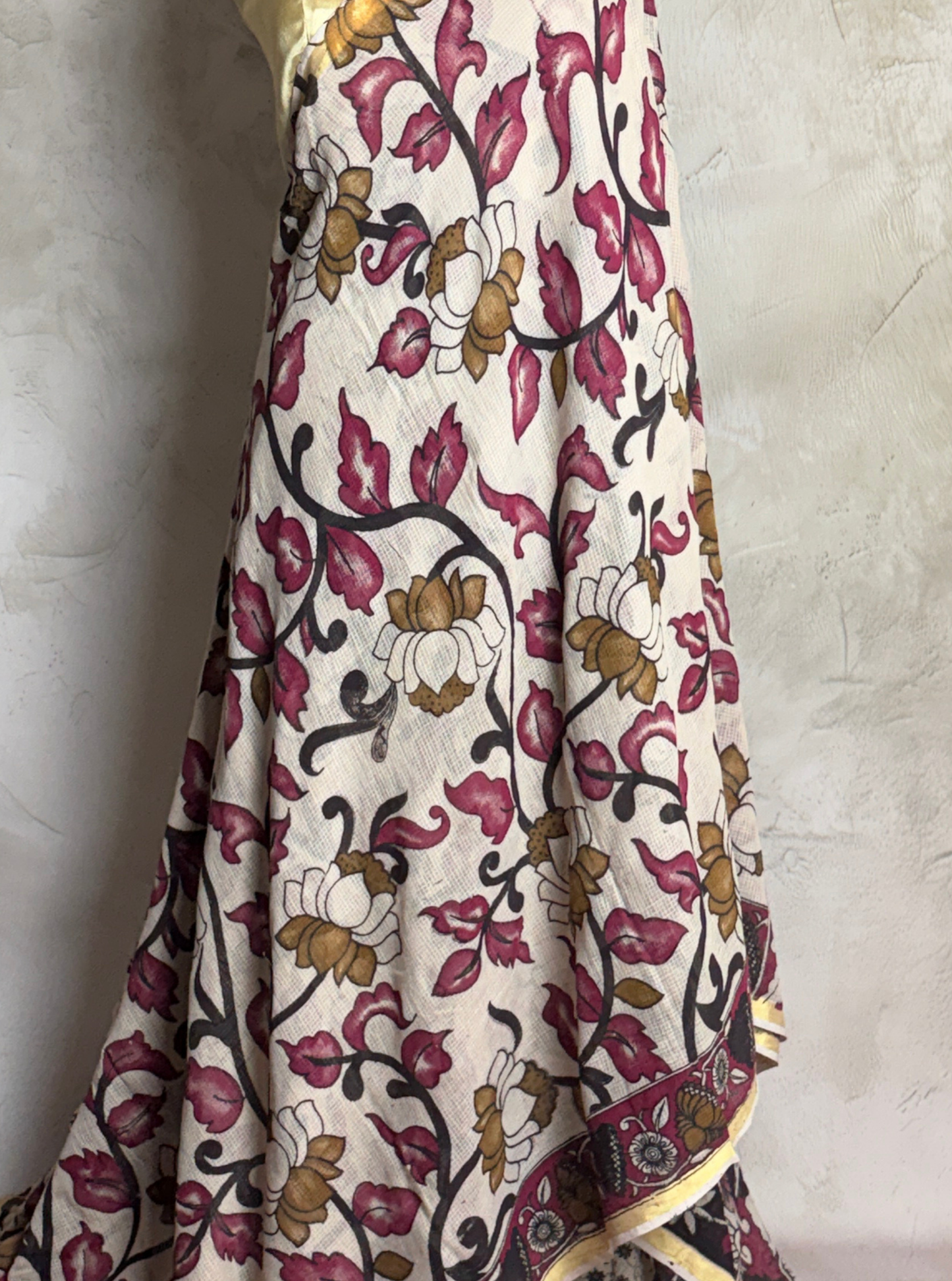 Ivory Kota Cotton Saree with Floral Vine Motifs & Maroon Border