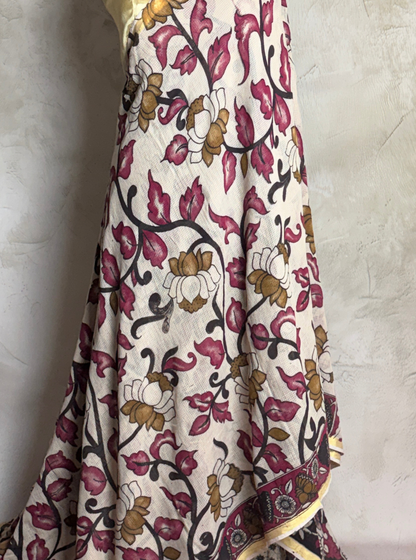 Ivory Kota Cotton Saree with Floral Vine Motifs & Maroon Border