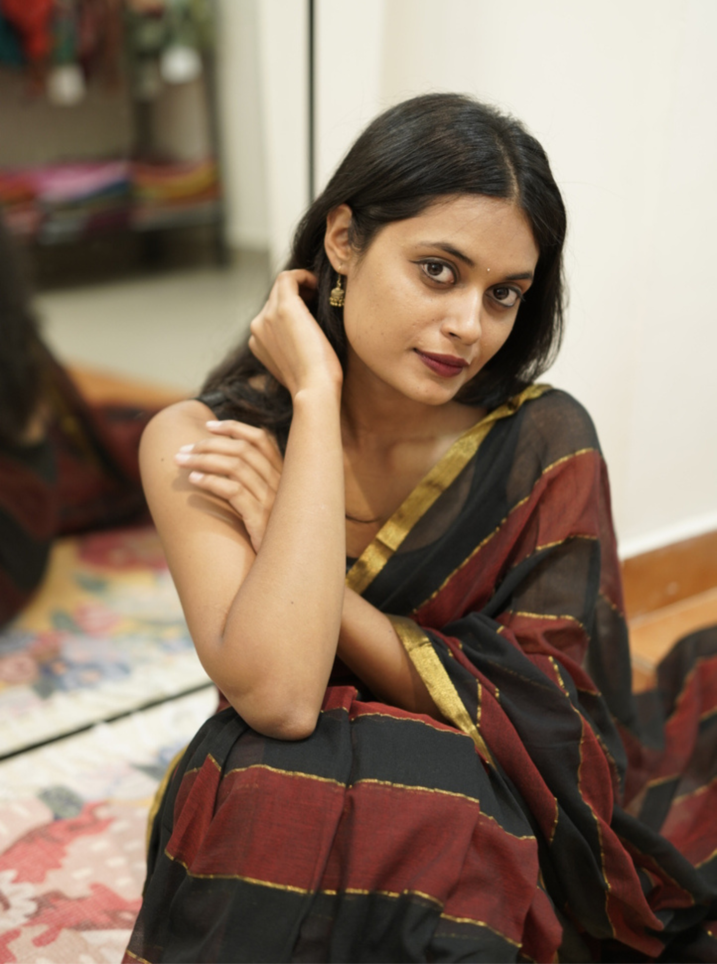 Black & Maroon Striped Mul Cotton Saree with Subtle Gold Border