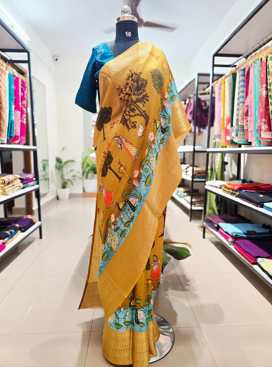 Royal Mustard Tissue Silk Saree with Artistic Scenic Print