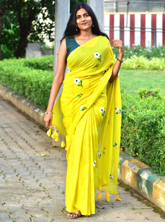 Sunshine Yellow Mul Cotton Saree with Delicate Floral Embroidery