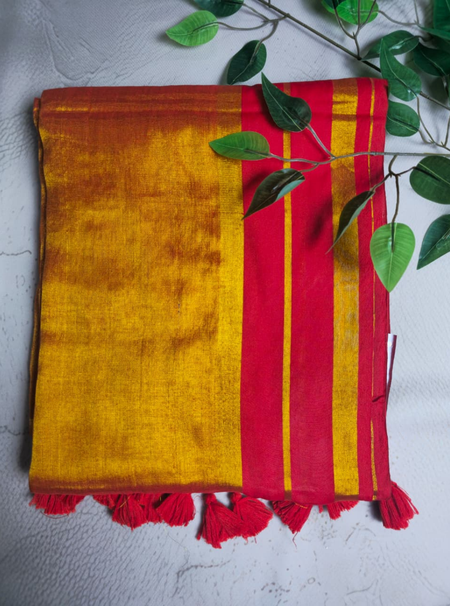Mustard Yellow Tissue Cotton Saree with Red Contrast Border