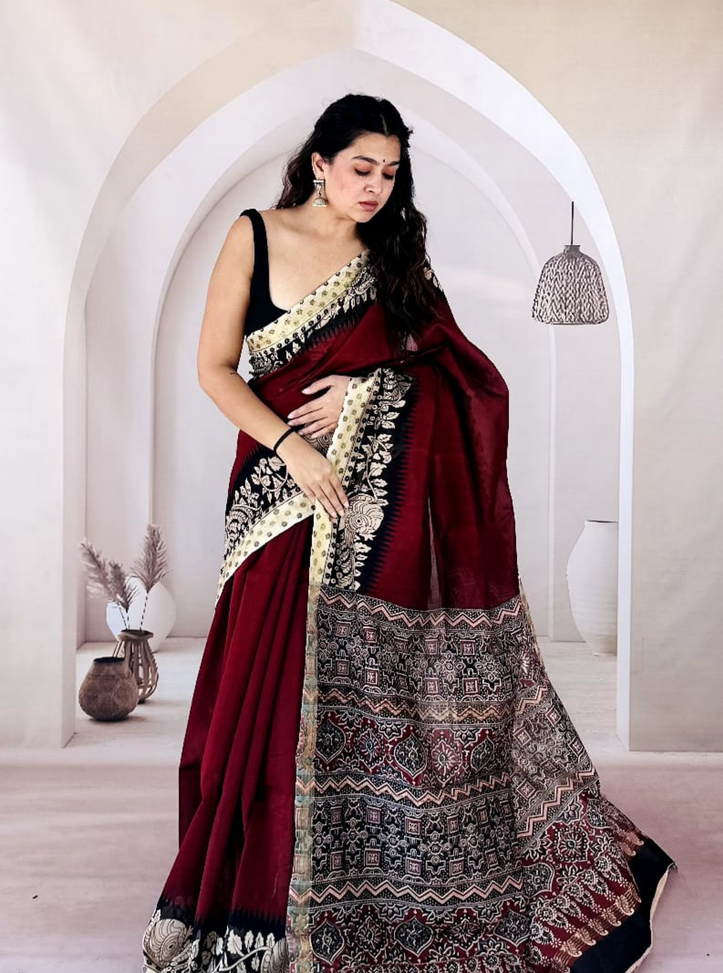 Maroon Maheshwari Silk Saree with Traditional Woven Border