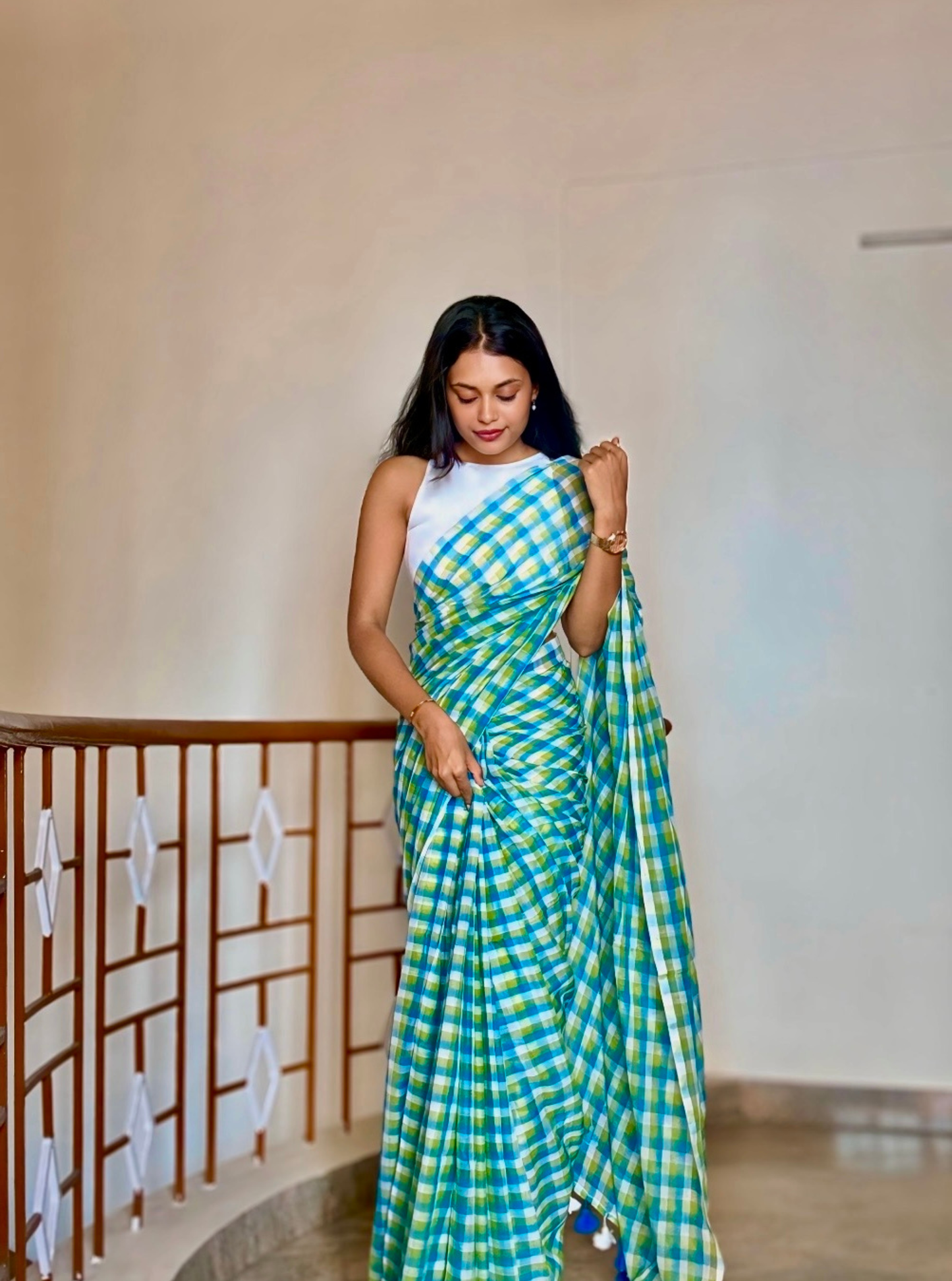 Sky Blue & Lime Green Checked Mul Cotton Saree with Tassels