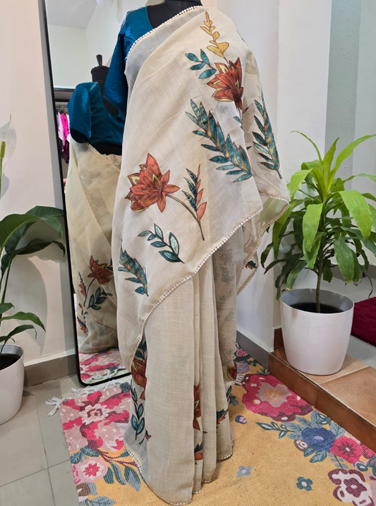 Ivory Linen Tissue Saree with Patchwork Floral Design & Elegant Finish