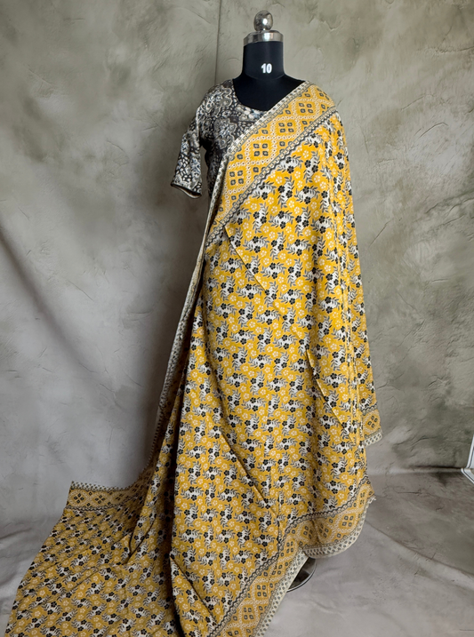 Mustard Yellow Cotton Saree with Floral Buti Print & Ethnic Border