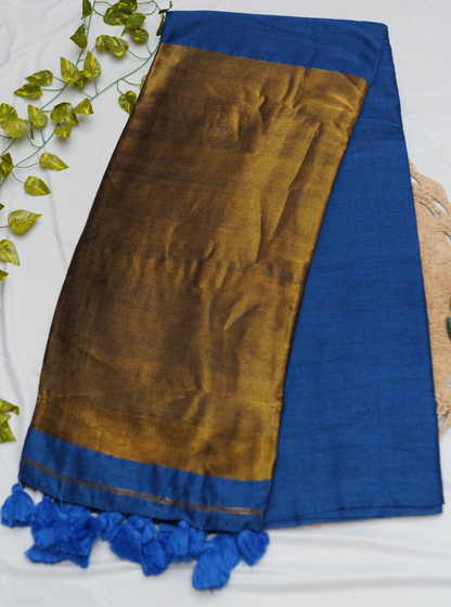 Royal Blue Mul Cotton Saree with Rich Gold Pallu & Tassels