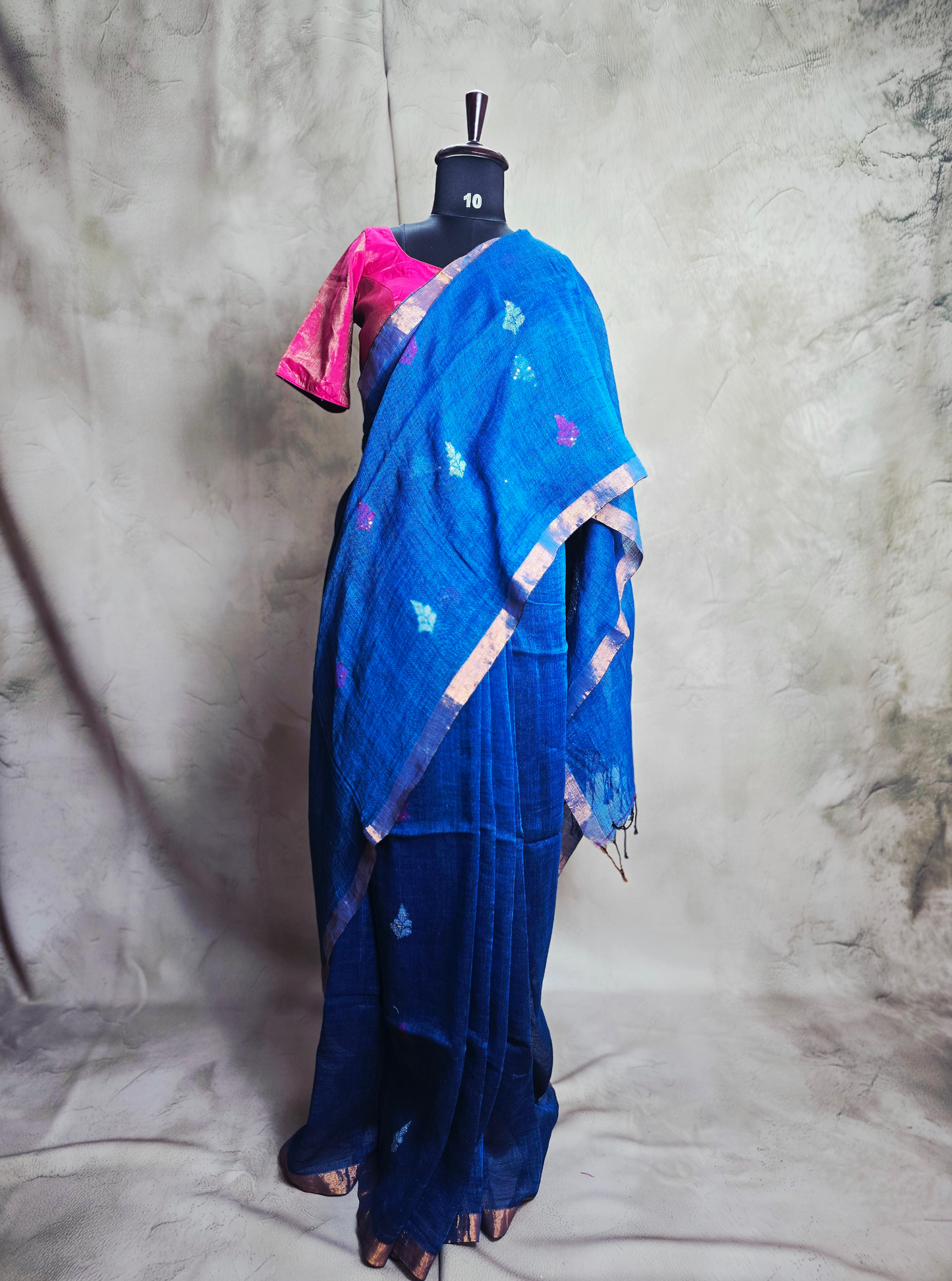 Royal Blue Linen Cotton Saree with Subtle Motifs