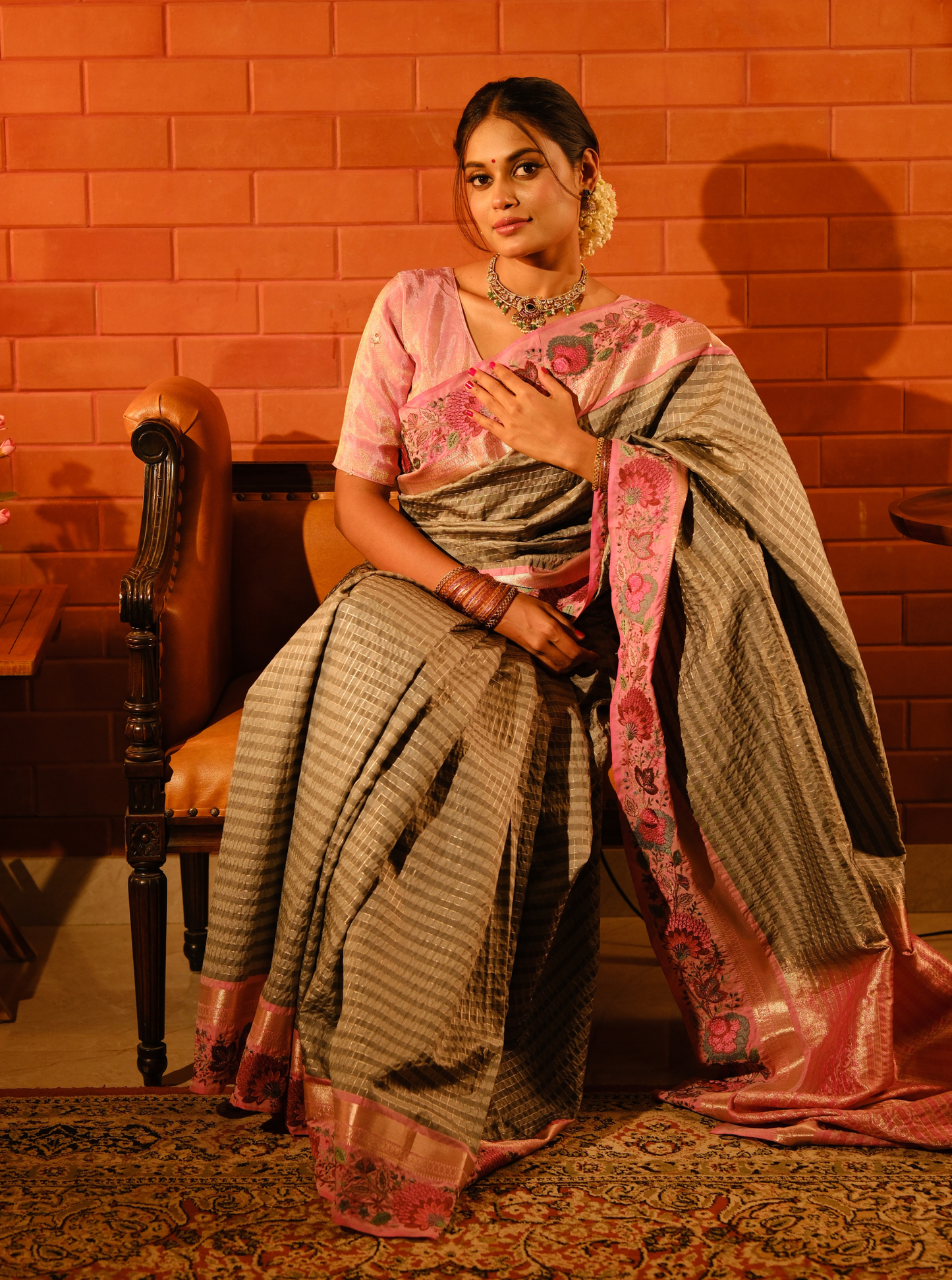 Elegant Grey Designer Silk Saree with Pink Embroidered Border