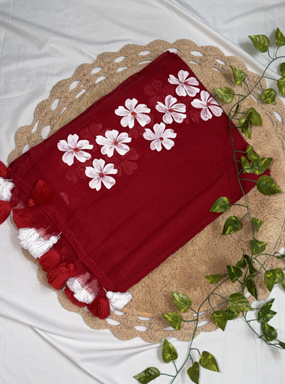 Vibrant Red Hand-Painted Mul Cotton Saree with Floral Motifs