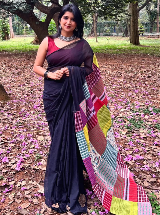 Midnight Patchwork Multi Color Mul Cotton Saree
