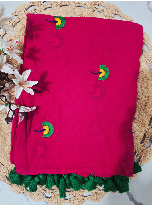 Magenta Mul Cotton Saree with Hand-Embroidered Motifs & Tassel Finish