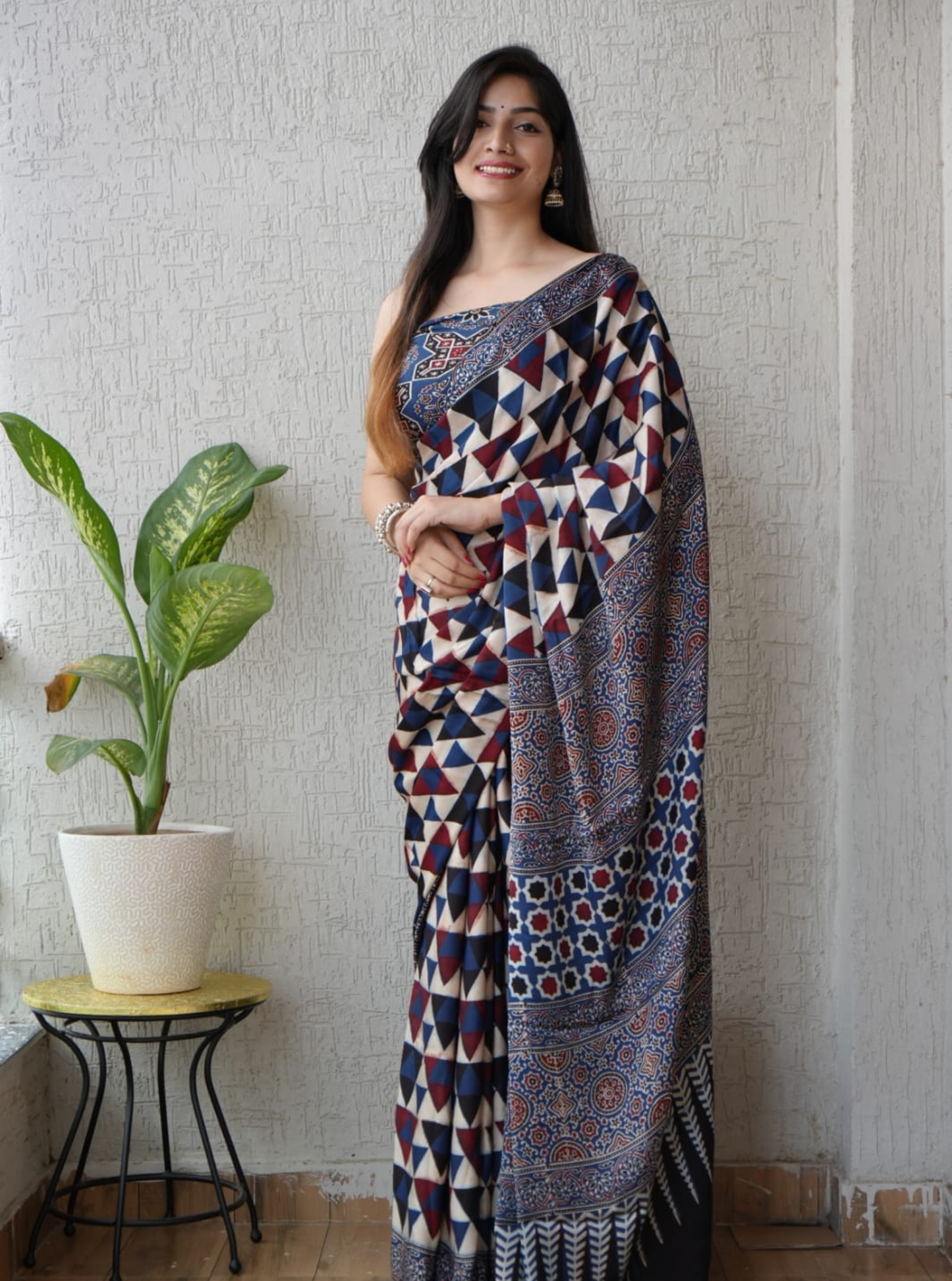 Indigo Geometry Modal Silk Ajrakh Hand-Block Saree