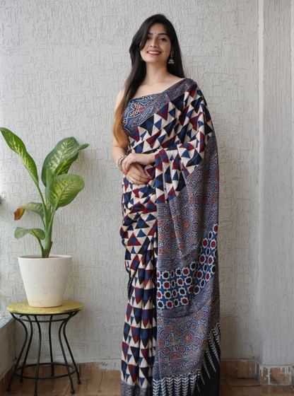 Indigo Geometry Modal Silk Ajrakh Hand-Block Saree