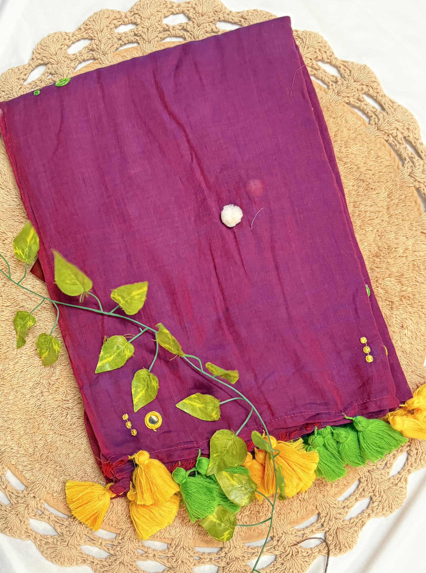 Royal Plum Mul Cotton Saree with Green & Yellow Tassels