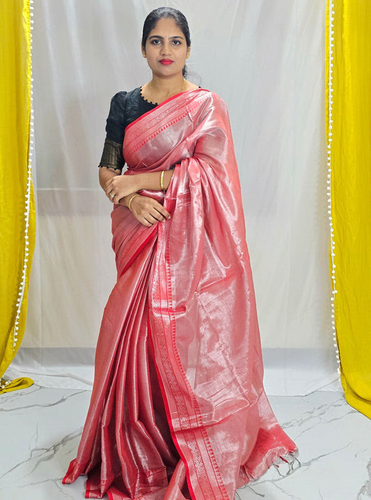 Blush Pink Tissue Cotton Saree with Subtle Zari Border & Soft Sheen