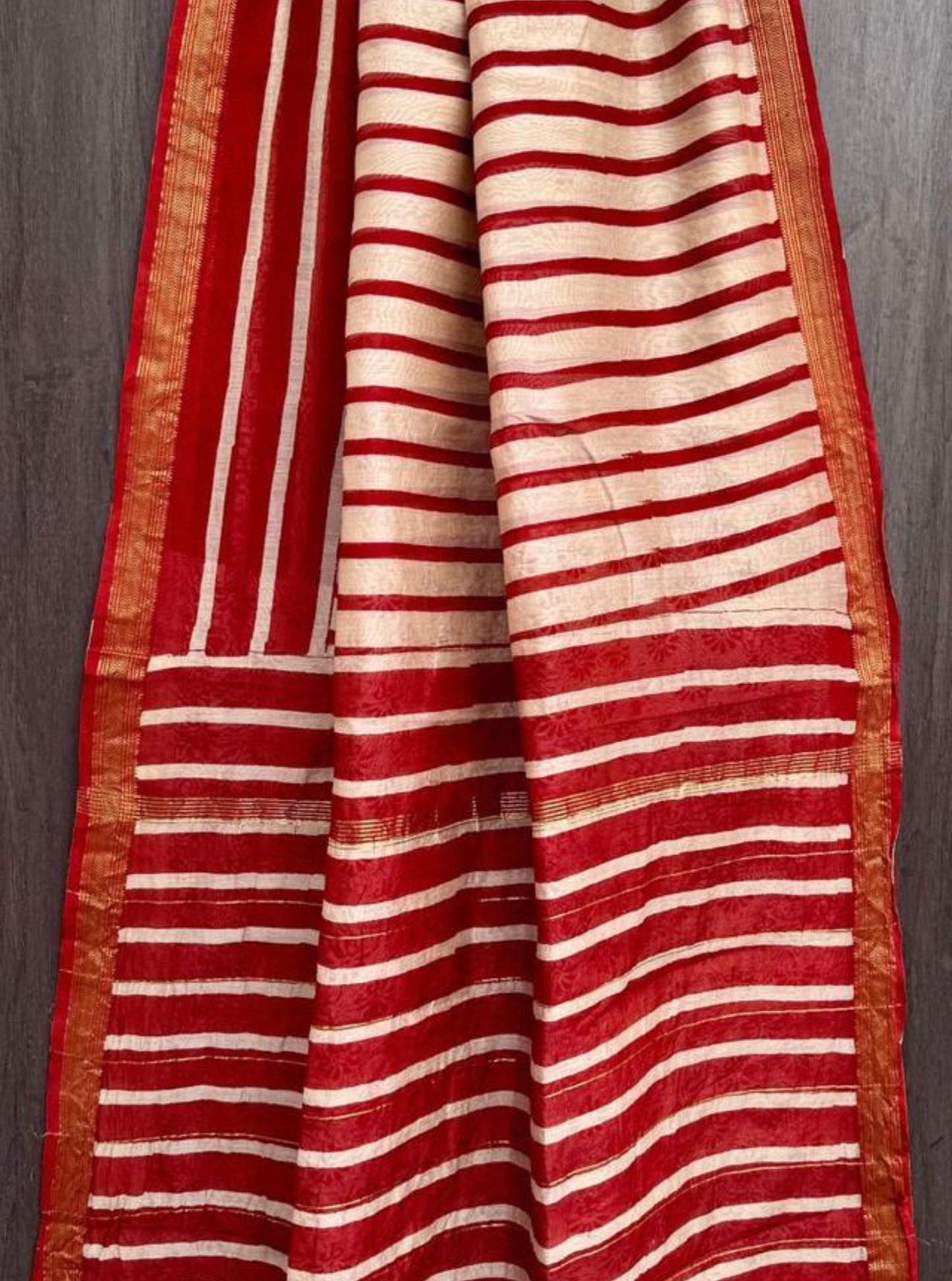 Classic Red & Ivory Striped Maheshwari Silk Saree