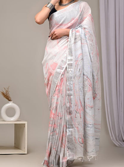 Grey Linen Cotton Saree with Soft Blush Marble Print