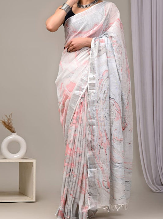 Grey Linen Cotton Saree with Soft Blush Marble Print