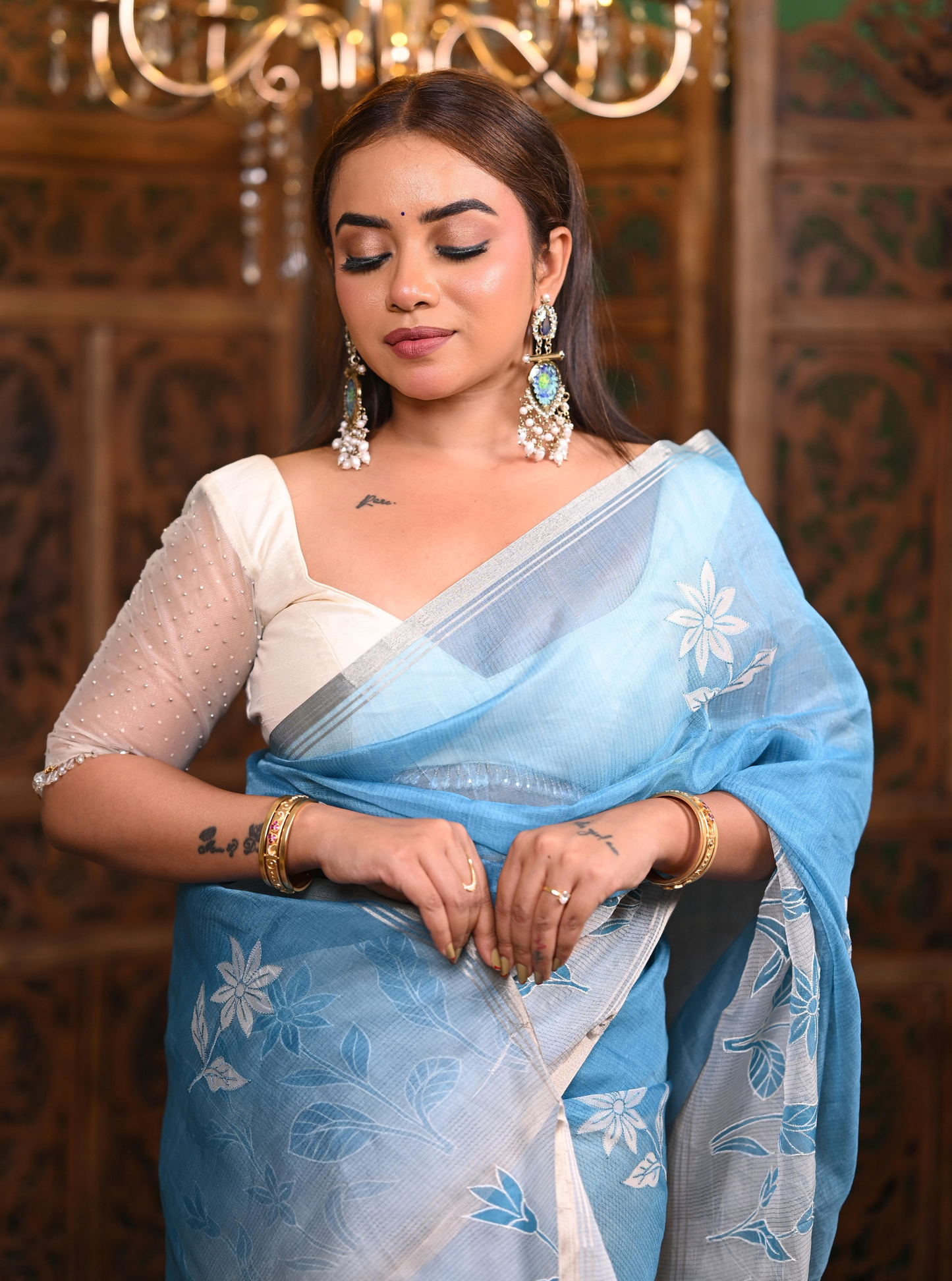 Sky Blue Kota Applique Cutwork Saree with Floral Detailing