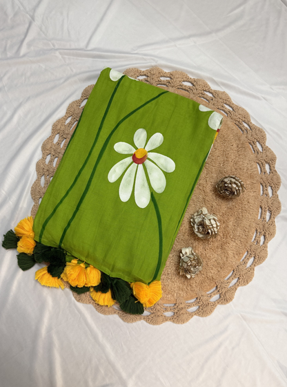 Fresh Light Green Hand-Painted Mul Cotton Saree with Floral Design & Tassels